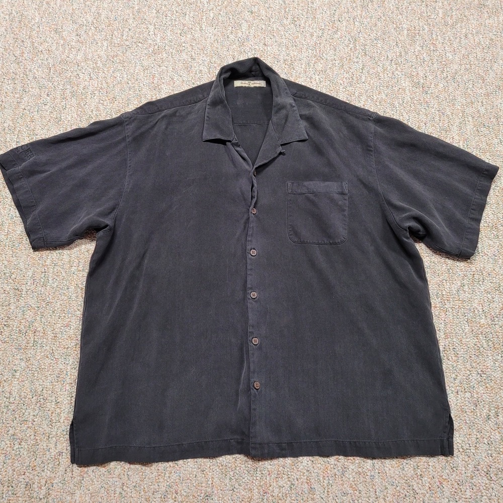 Tommy Bahama Shirt Mens 2XL Black Button Up Hawaiian Camp Loop Collar Pocket